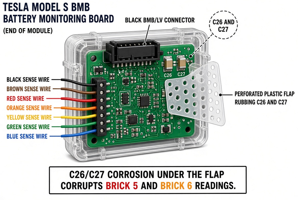 BMB board with sense wire colors and C26 C27 under the plastic flap